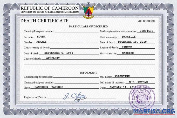 Blank Cameroon Death Certificate template